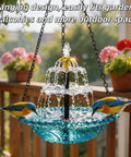 Solar Cascade Hanging Bird Bath Fountain With Auto Pump, glass outdoor bird bowl with cascading water, birds perched
