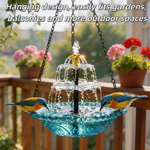 Solar Cascade Hanging Bird Bath Fountain With Auto Pump, glass outdoor bird bowl with cascading water, birds perched