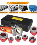 Dead Serious Pro Grade Electric Pipe Threader 2300W Copper Motor with six dies and storage kit for plumbing jobs.