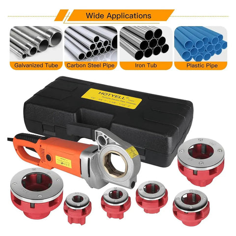Dead Serious Pro Grade Electric Pipe Threader 2300W Copper Motor with six dies and storage kit for plumbing jobs.