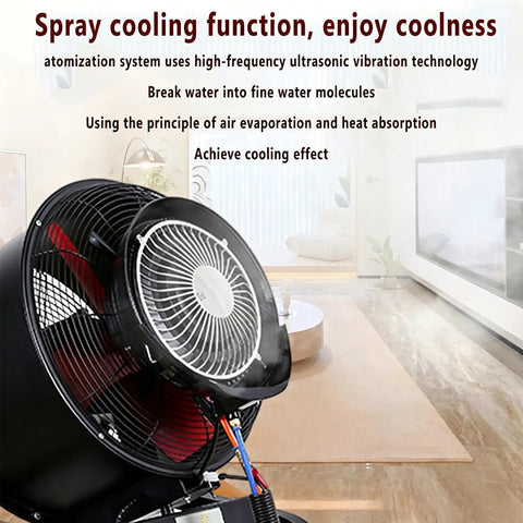 Heavy Duty 26 Inch Stand Up Drum Fan With Mist Spray Cooler And 50 Liter Tub showcasing mist spray feature in indoor setting.