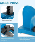 Heavy Duty Cast Iron Arbor Press With Six Point Five Inch Four Hole Steel Anvil For Benchtop Stamping And Precision Work close up of reversible ram and removable machined steel anvil.