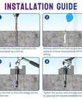 Installation guide for 1/2 Inch By 3 Inch Wedge Anchor Set showing drilling, cleaning, inserting, and tightening anchors.