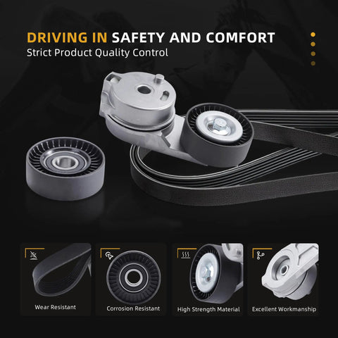 Must Get Serpentine Belt Tensioner Idler Pulley Kit For Dodge Ram 1500 5.7L V8 Truck Model Years 2013 Through 2022 Plus Classic Versions From 2019 Onward With Reliable Performance And Durability. belt and pulley kit with tensioner, idler pulley, and serpentine belt