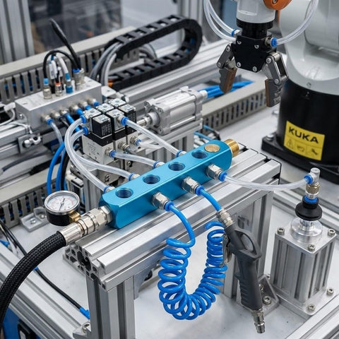 Image of a Two Way Five Port Pneumatic Manifold With G1 Quarter Ports For High Flow Air Distribution in a CNC machine setup