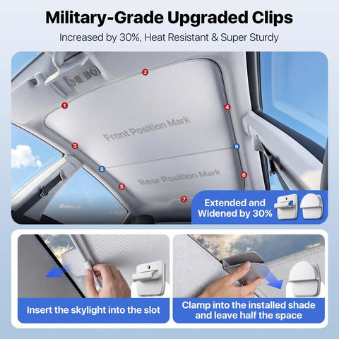 Military-Grade upgraded clips for Slick Tight Custom Fit Sunshade For Tesla Model Y Juniper 2025 2026 Glass Roof, heat resistant design.