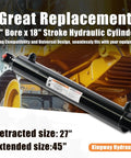 Heavy Duty Double Acting Hydraulic Cylinder By Kingway 2 Point Five Inch Bore Eighteen Inch Stroke Three Thousand PSI visible on machinery.