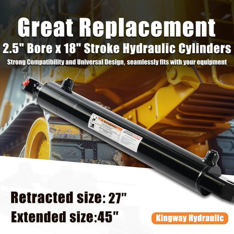 Heavy Duty Double Acting Hydraulic Cylinder By Kingway 2 Point Five Inch Bore Eighteen Inch Stroke Three Thousand PSI visible on machinery.