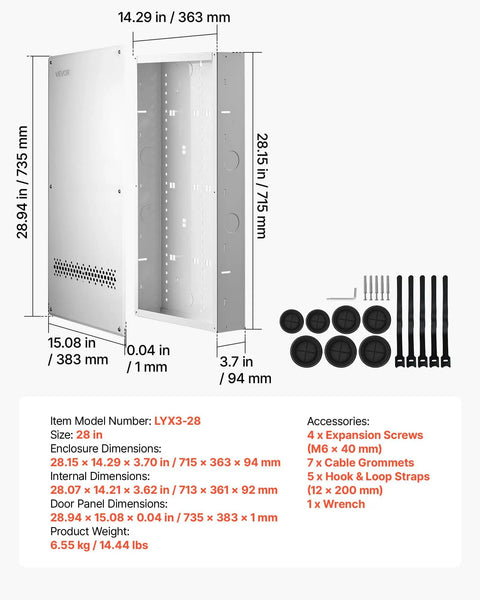 Slick 28 Inch In Wall Structured Media Enclosure Box with detailed dimensions, accessories, and a clean design for cable management.