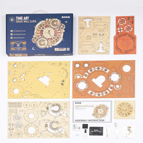 DIY 3D Wooden Puzzle Clock Kit With 168 Pieces, mechanical wooden clock parts and instruction manual laid out