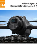 Close-up of DJI Mavic 4 Pro drone with attached Wide Angle Lens For DJI Mavic 4 Pro Drone, 108 Degree Field Of View, against sky background.