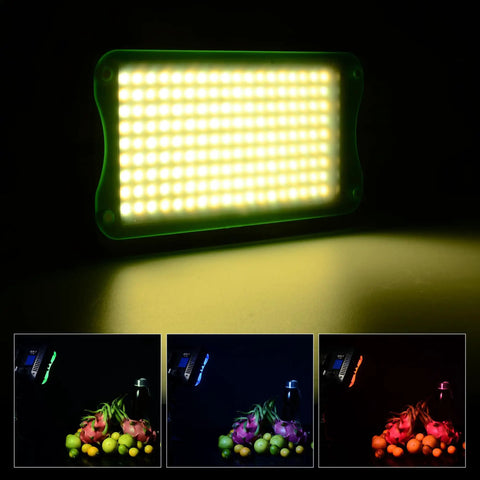 Bi-Color LED Video Light 3300K-5600K with dimmable brightness, showing color effects on fruits, portable panel with CRI95+.