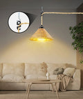 Boho Plug In Pendant Light With Dimmable Bulb And Switch, Hand Woven Hemp Rope Farmhouse Pendant Fixture, cozy living room view