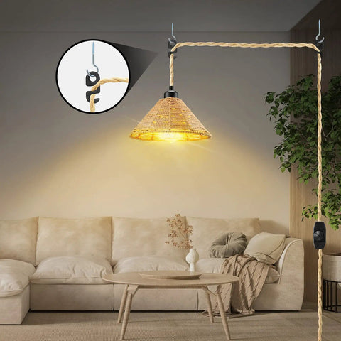 Boho Plug In Pendant Light With Dimmable Bulb And Switch, Hand Woven Hemp Rope Farmhouse Pendant Fixture, cozy living room view