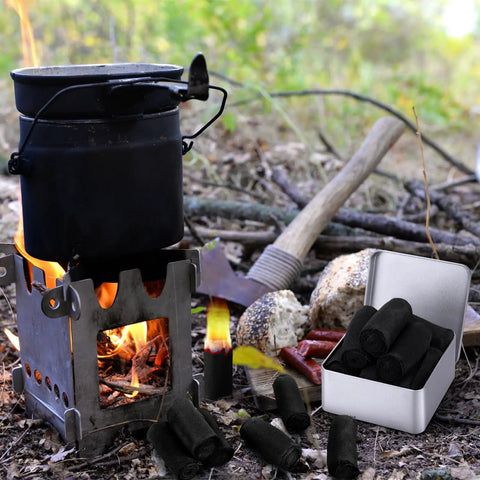 Camping scene with char cloth fire starter refills for bushcraft and outdoor survival eight rolls quick ignite in 0.5 to 3 seconds hand made emergency fire starter