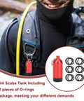 Mini Scuba Diving Tank Key Ring Kit With 12 O Rings Aluminum Alloy Portable Dive Cylinder Valve Set attached to scuba gear