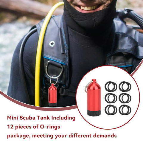 Mini Scuba Diving Tank Key Ring Kit With 12 O Rings Aluminum Alloy Portable Dive Cylinder Valve Set attached to scuba gear