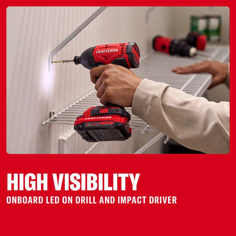 High Octane V20 Cordless Drill And Impact Driver Combo Kit Including Two Ah Battery Charger With 1700 Rpm Motor 1/2 Inch Chuck Led Work Light For Serious Weekend Warrior Shop Projects using LED light to drill into a wall.