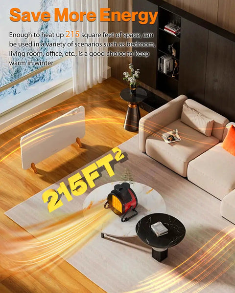 Portable 1500W Electric Heater With 2 Second Fast Heat, red heater in living room, 2600 RPM fan, heating space of 215 sq ft
