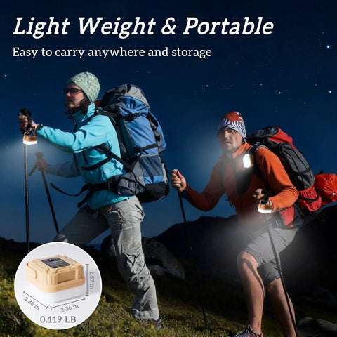 Two hikers using Four Pack Rechargeable Camping Lanterns With 300 Lumens, Three Light Modes, IP53 Waterproof at night