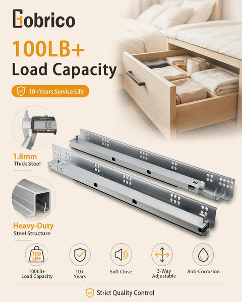 Smooth As Butter Ride Undermount Drawer Slides Soft Close Full Extension Glides Heavy Duty Concealed Cabinet Runners 21 Inch with 100LB Load Capacity
