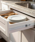 Tough As A Bull Heavy Duty 6 Pair 16 Inch Bottom Mount Drawer Slides featuring plates and utensils in kitchen drawer.