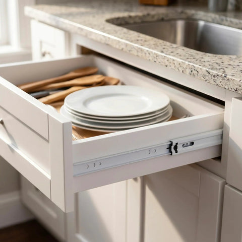 Tough As A Bull Heavy Duty 6 Pair 16 Inch Bottom Mount Drawer Slides featuring plates and utensils in kitchen drawer.