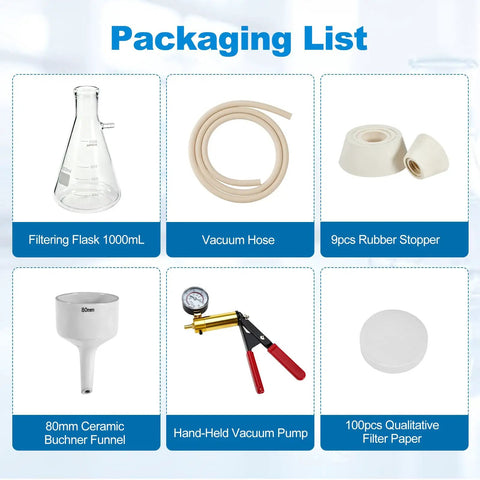 Supercharged Filtration Kit with 1000 mL Buchner Funnel, accessories like vacuum hose and hand-held vacuum pump for lab use
