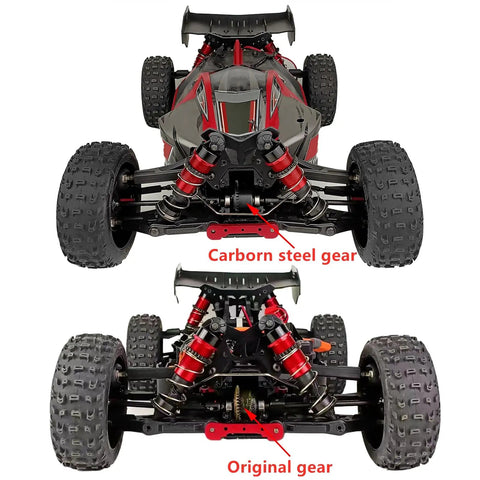 Comparison of carbon steel differential gear set 43T main diff gear and 10T input gear for Arrma RC car upgrade.
