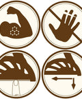 Icons representing safety features of Offset Handle Push Block For Table Saws Router Tables And Jointers With 3D Control