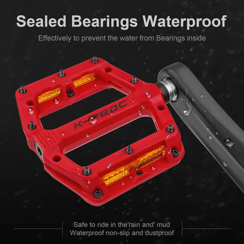 Red Night Ride Ready Platform Pedals With Reflective Strips Universal Nine Sixteen Inch Nylon Fiber MTB BMX Pedals on bike arm