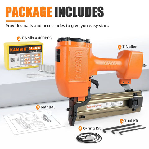 14 Gauge Pneumatic Concrete T Nailer With 400 Pcs 3/4 Inch T Nails, Tool Kit, and Manual for Decking and Plywood