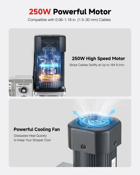 250W Automatic Wire Stripper Machine With Adjustable Speed showing high speed motor and cooling fan for efficient cable stripping.
