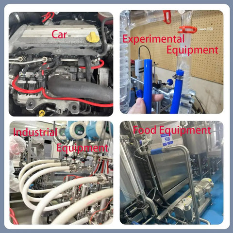 Red 10mm ID Silicone Vacuum Tubing Hose in various uses: car engine, experimental setup, industrial and food equipment.
