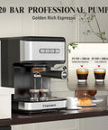 Top Shelf 20 Bar Espresso Machine With Integrated Milk Frother And Steam Wand Heavy Duty 1100 Watt Stainless Steel Coffee Maker making espresso shots.