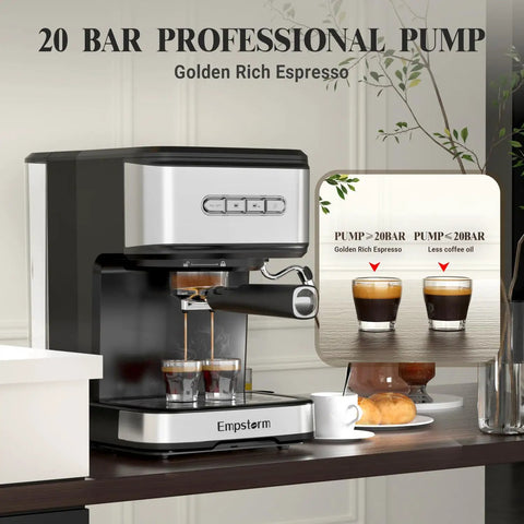 Top Shelf 20 Bar Espresso Machine With Integrated Milk Frother And Steam Wand Heavy Duty 1100 Watt Stainless Steel Coffee Maker making espresso shots.