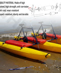 Yellow and red pedal boat on beach with diagram of high-quality steel construction, emphasizing durability and anti-corrosion.