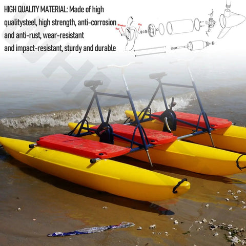 Yellow and red pedal boat on beach with diagram of high-quality steel construction, emphasizing durability and anti-corrosion.
