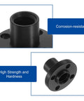 Close-up of black TR8x2 POM plastic lead screw nut showing corrosion resistance and durability for 3D printers.