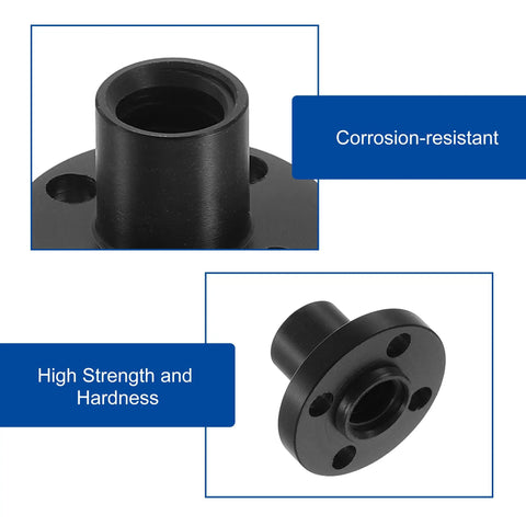 Close-up of black TR8x2 POM plastic lead screw nut showing corrosion resistance and durability for 3D printers.