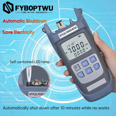 FYBOPTWU 3-in-1 fiber optic tester with optical power meter and VFL; gray handheld unit, front view, LCD -70.0 dBm