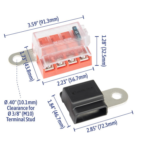 ST Blade Fuse Block Battery Terminal Mount 4 Way Kit Built To Handle Beefy Power with dimensions labeled image