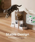 Slick Dual Pet Feeder For Cats And Dogs With Slow Feed Dispenser Programmable Timer, stable design with wall-mounting option.