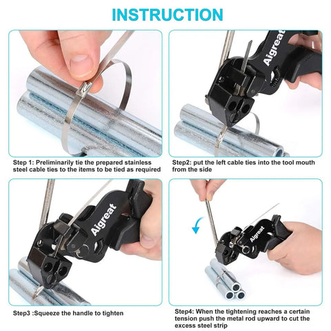 Heavy Duty Metal Tie Wrap Gun Kit With 200 Stainless Steel Cable Ties 4.6x270mm Adjustable Tensioning And Cutting Tool in use