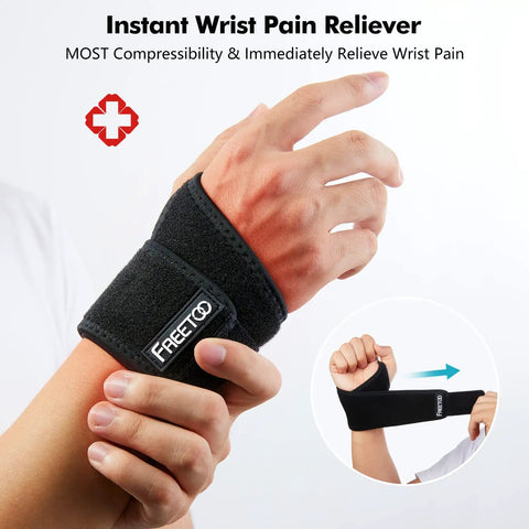 Person wearing a black adjustable neoprene wrist brace for carpal tunnel relief, shows compression and support for left hand.