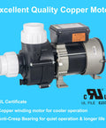 Heavy Duty 1.5 Horsepower Hot Tub Spa Pump Replacement Delivering Sweet Kickin Flow And Power 163 Gallons Per Minute With Two Inch Plumbing For Fast Swap, showcasing a UL-certified copper motor.