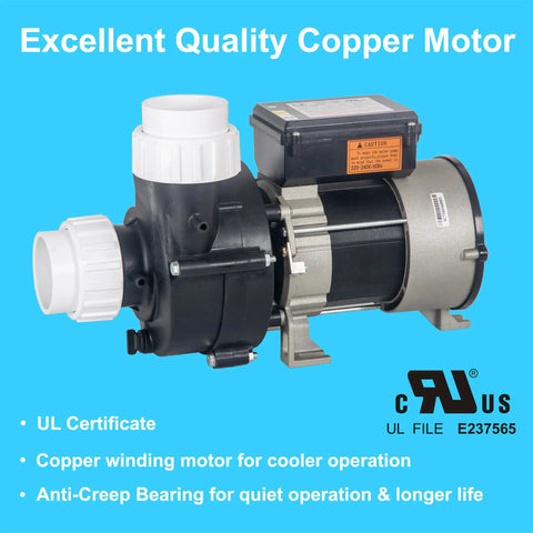 Heavy Duty 1.5 Horsepower Hot Tub Spa Pump Replacement Delivering Sweet Kickin Flow And Power 163 Gallons Per Minute With Two Inch Plumbing For Fast Swap, showcasing a UL-certified copper motor.