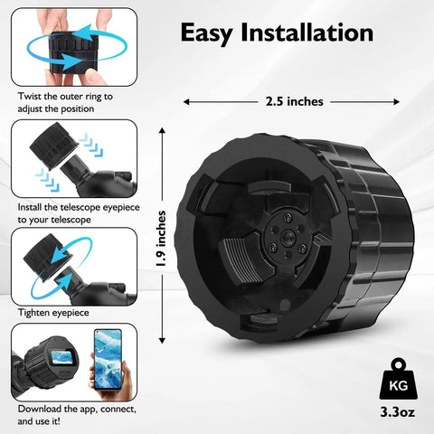 Telescope Camera Eyepiece With 64GB Card, 1080P FHD Recording, Easy Installation Guide and Dimensions for 28mm-50mm Scopes