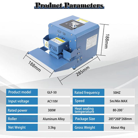 Automatic Heat Sealer Machine For Plastic Bags With Temperature Control, blue compact design, product model GLF-50, parameters displayed