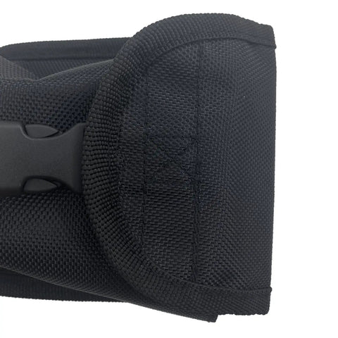 Close-up of black Scuba Diver Trim Weight Pocket Nylon Belt Bag With Quick Release Buckle, 600D Oxford Cloth material.
